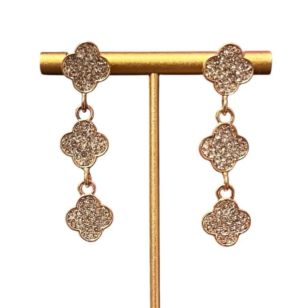 Elegant Clear Crystal TripleโClover Alhambra Gold Tone Dangle Earrings
